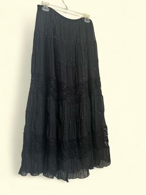 MSK Black Whimsigoth Fairy Grunge Sequins Tiered Floral Lace Maxi Skirt NWT